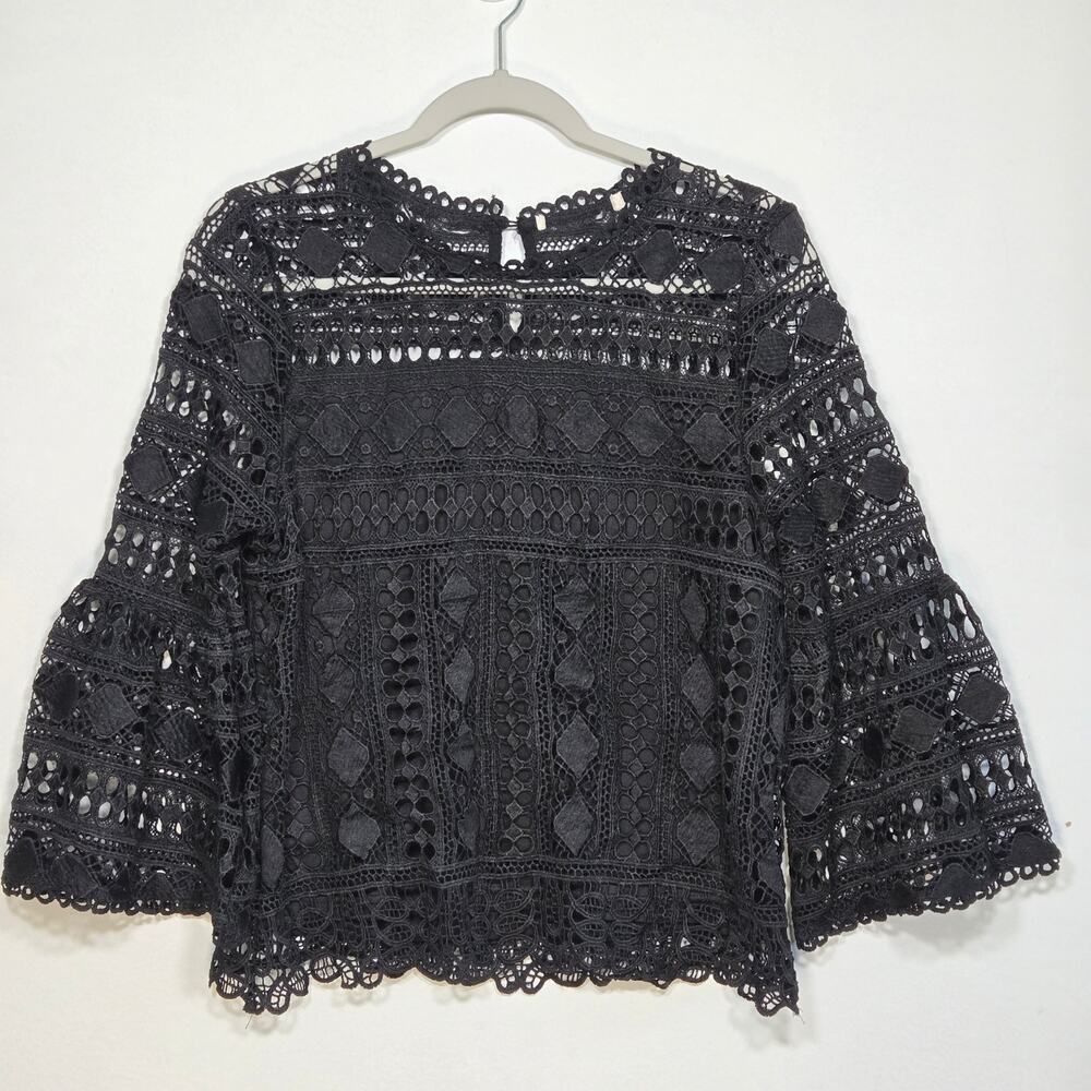Ellison Crochet Overlay Black Blouse With Bell Sleeves. Size Medium - Picture 2 of 9
